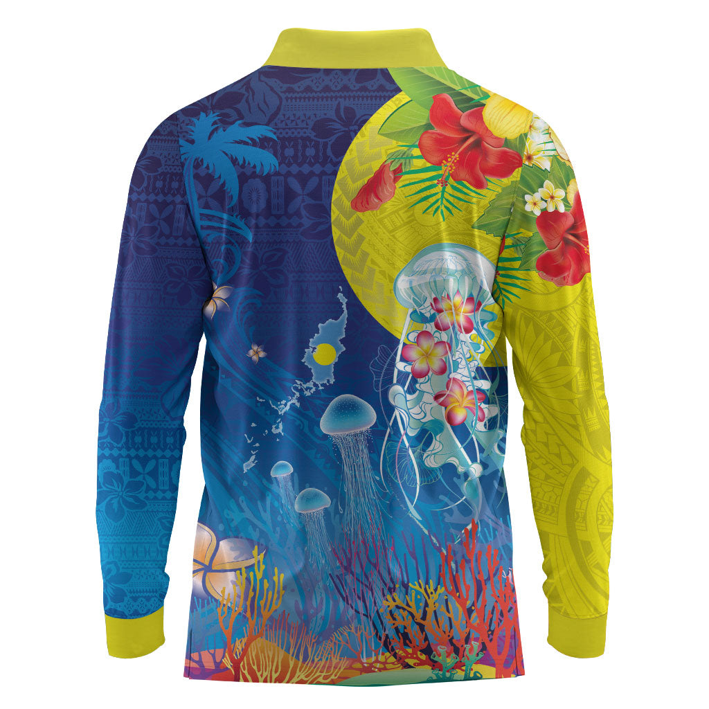 Palau Long Sleeve Polo Shirt Jellyfish with Coral Reefs Ocean Vibe and Tapa Pattern LT03 - Polynesian Pride