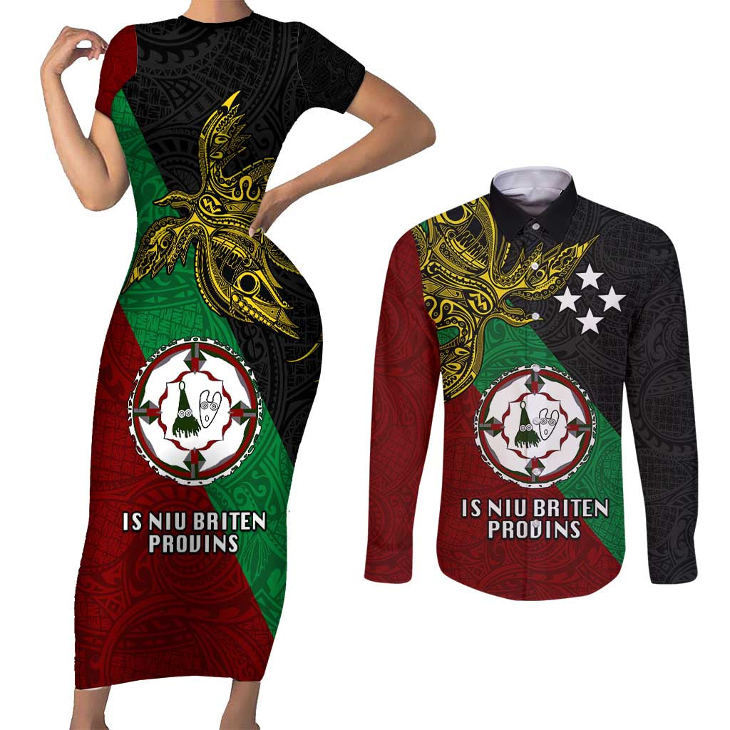 Papua New Guinea East New Britain Province Couples Matching Short Sleeve Bodycon Dress and Long Sleeve Button Shirts PNG Birds Of Paradise Polynesian Arty Style LT03 Green - Polynesian Pride