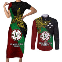 Papua New Guinea East New Britain Province Couples Matching Short Sleeve Bodycon Dress and Long Sleeve Button Shirts PNG Birds Of Paradise Polynesian Arty Style LT03 Green - Polynesian Pride