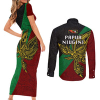 Papua New Guinea East New Britain Province Couples Matching Short Sleeve Bodycon Dress and Long Sleeve Button Shirts PNG Birds Of Paradise Polynesian Arty Style LT03 - Polynesian Pride