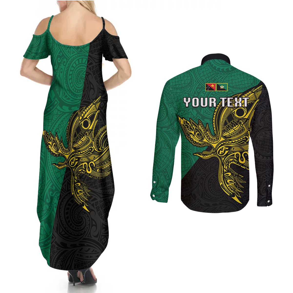 Custom Papua New Guinea Enga Province Couples Matching Summer Maxi Dress and Long Sleeve Button Shirts PNG Birds Of Paradise Polynesian Arty Style LT03 - Polynesian Pride