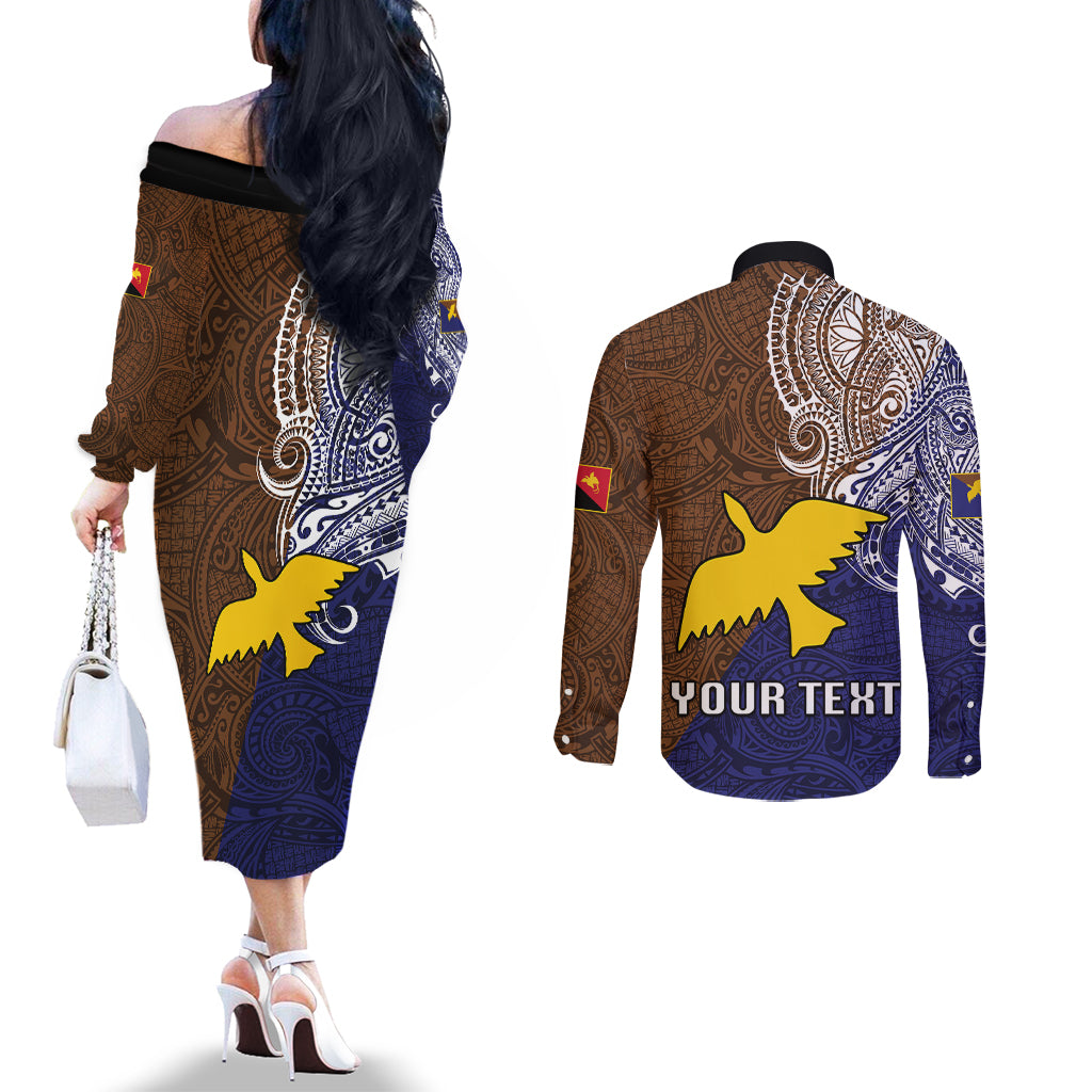 Custom Papua New Guinea Manus Province Couples Matching Off The Shoulder Long Sleeve Dress and Long Sleeve Button Shirts PNG Birds Of Paradise Polynesian Arty Style LT03 - Polynesian Pride