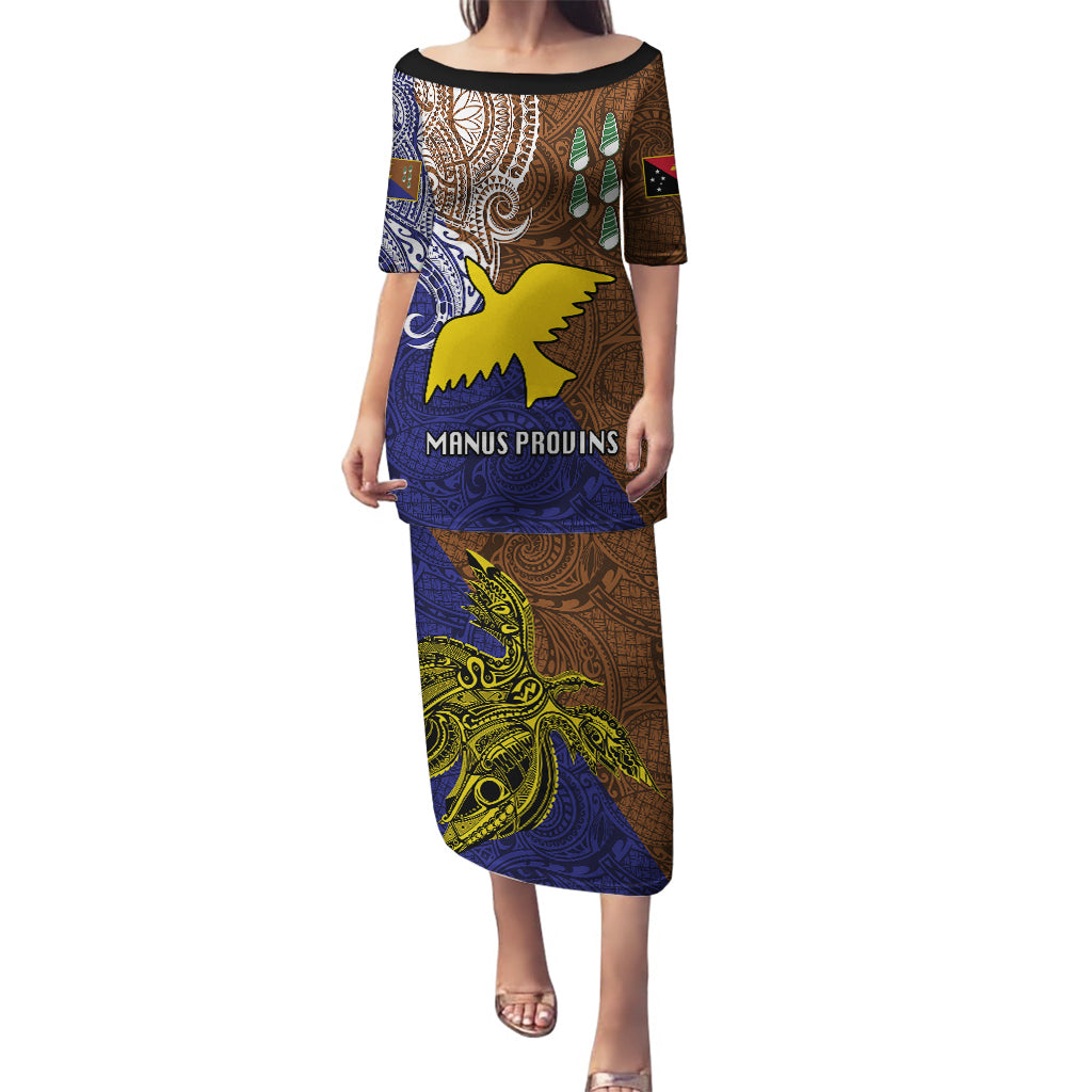 Custom Papua New Guinea Manus Province Puletasi PNG Birds Of Paradise Polynesian Arty Style LT03 Long Dress Brown - Polynesian Pride
