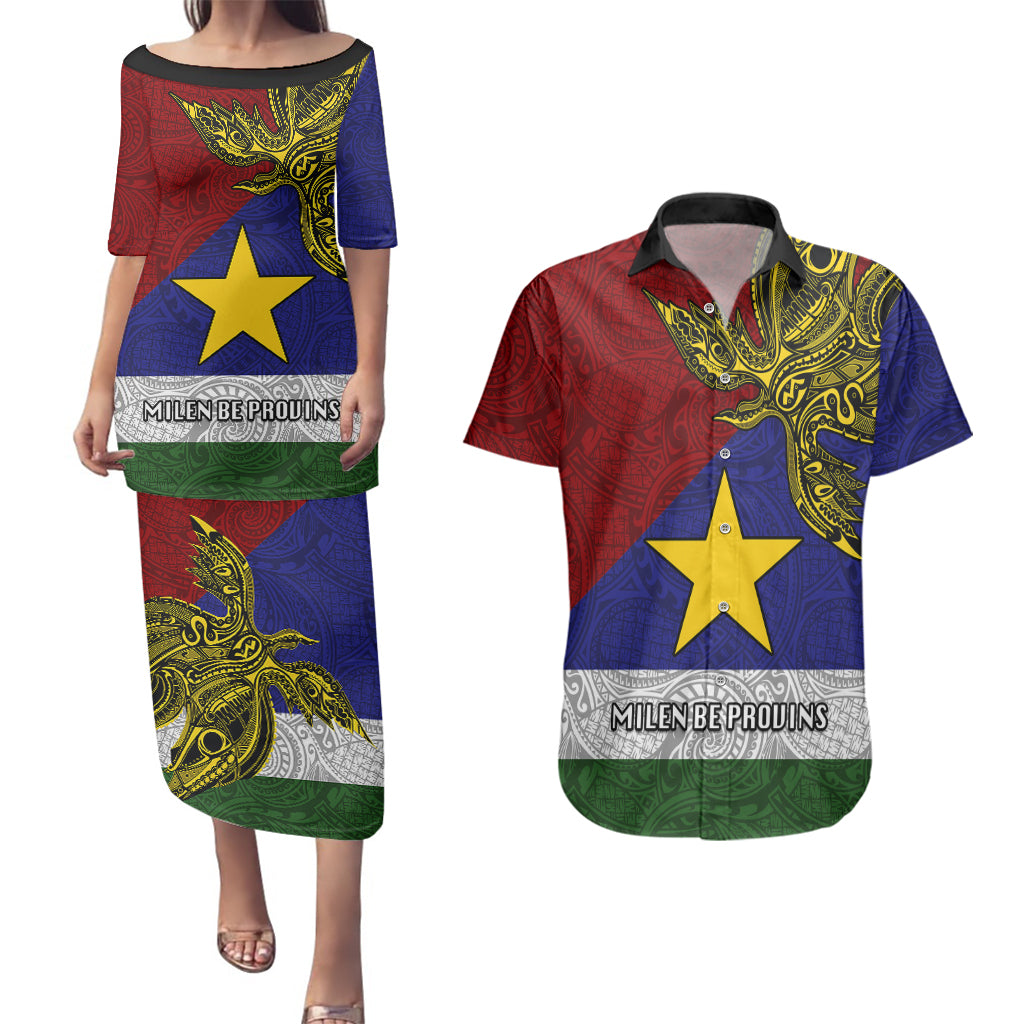 Custom Papua New Guinea Milne Bay Province Couples Matching Puletasi Dress and Hawaiian Shirt PNG Birds Of Paradise Polynesian Arty Style LT03 Blue - Polynesian Pride