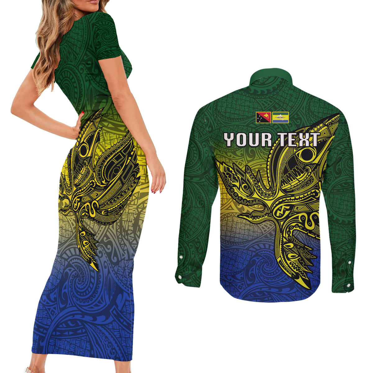 Custom Papua New Guinea Morobe Province Couples Matching Short Sleeve Bodycon Dress and Long Sleeve Button Shirts PNG Birds Of Paradise Polynesian Arty Style LT03 - Polynesian Pride