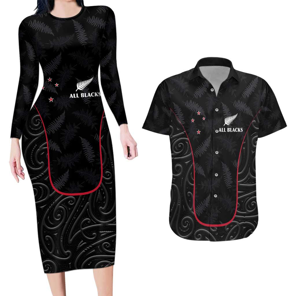 Custom New Zealand Rugby Couples Matching Long Sleeve Bodycon Dress and Hawaiian Shirt Maori All Black Championship 2024 and Silver Fern LT03 Black - Polynesian Pride