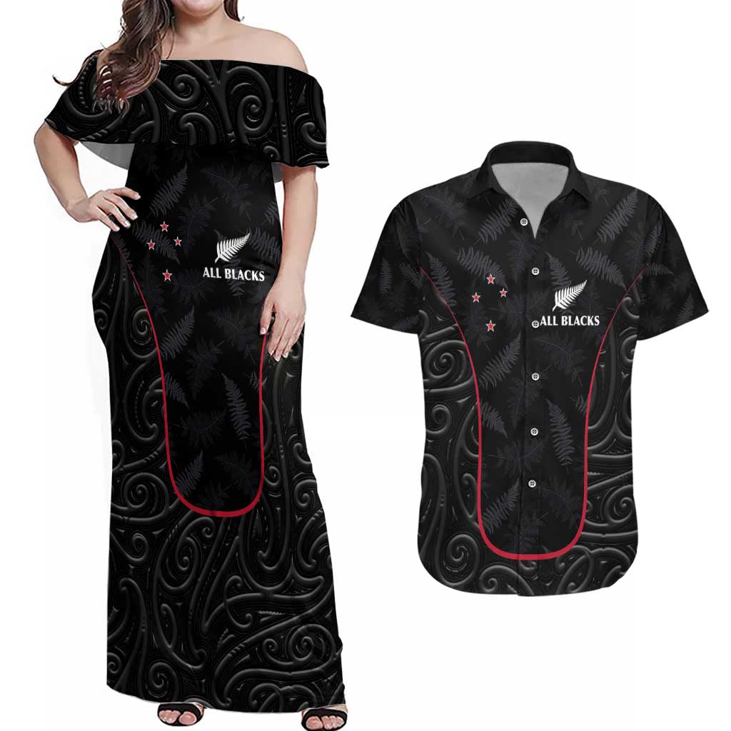Custom New Zealand Rugby Couples Matching Off Shoulder Maxi Dress and Hawaiian Shirt Maori All Black Championship 2024 and Silver Fern LT03 Black - Polynesian Pride