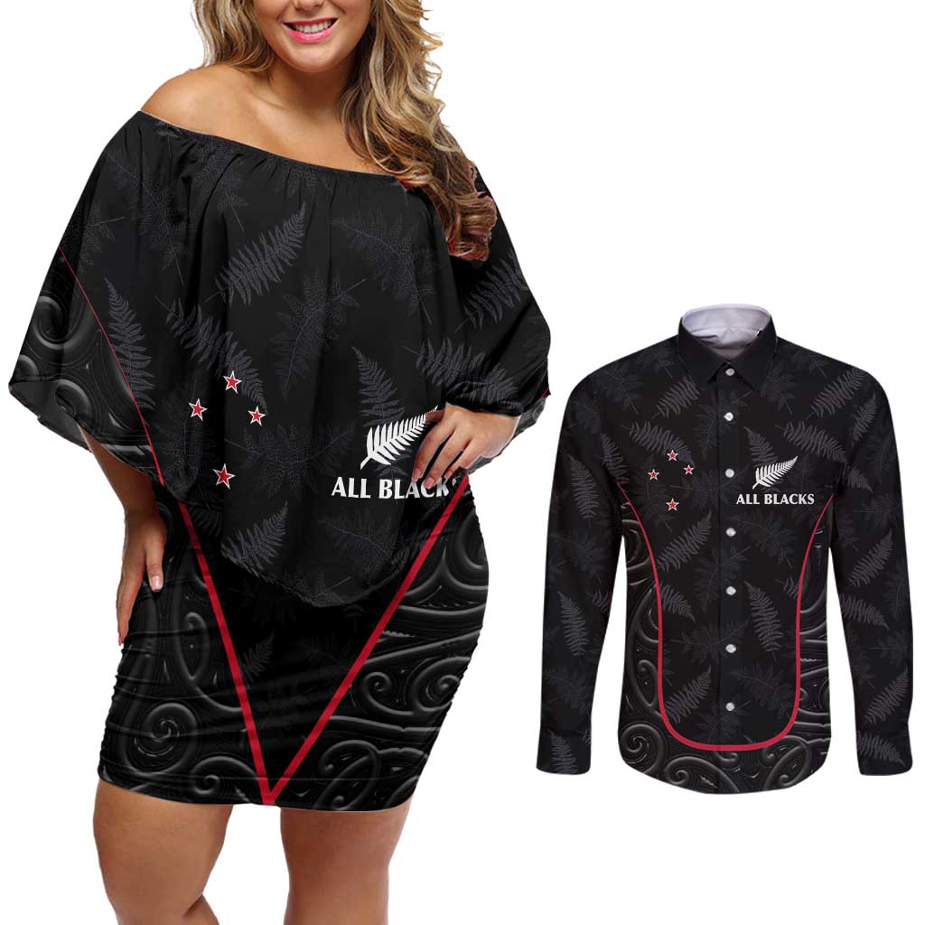 Custom New Zealand Rugby Couples Matching Off Shoulder Short Dress and Long Sleeve Button Shirt Maori All Black Championship 2024 and Silver Fern LT03 Black - Polynesian Pride