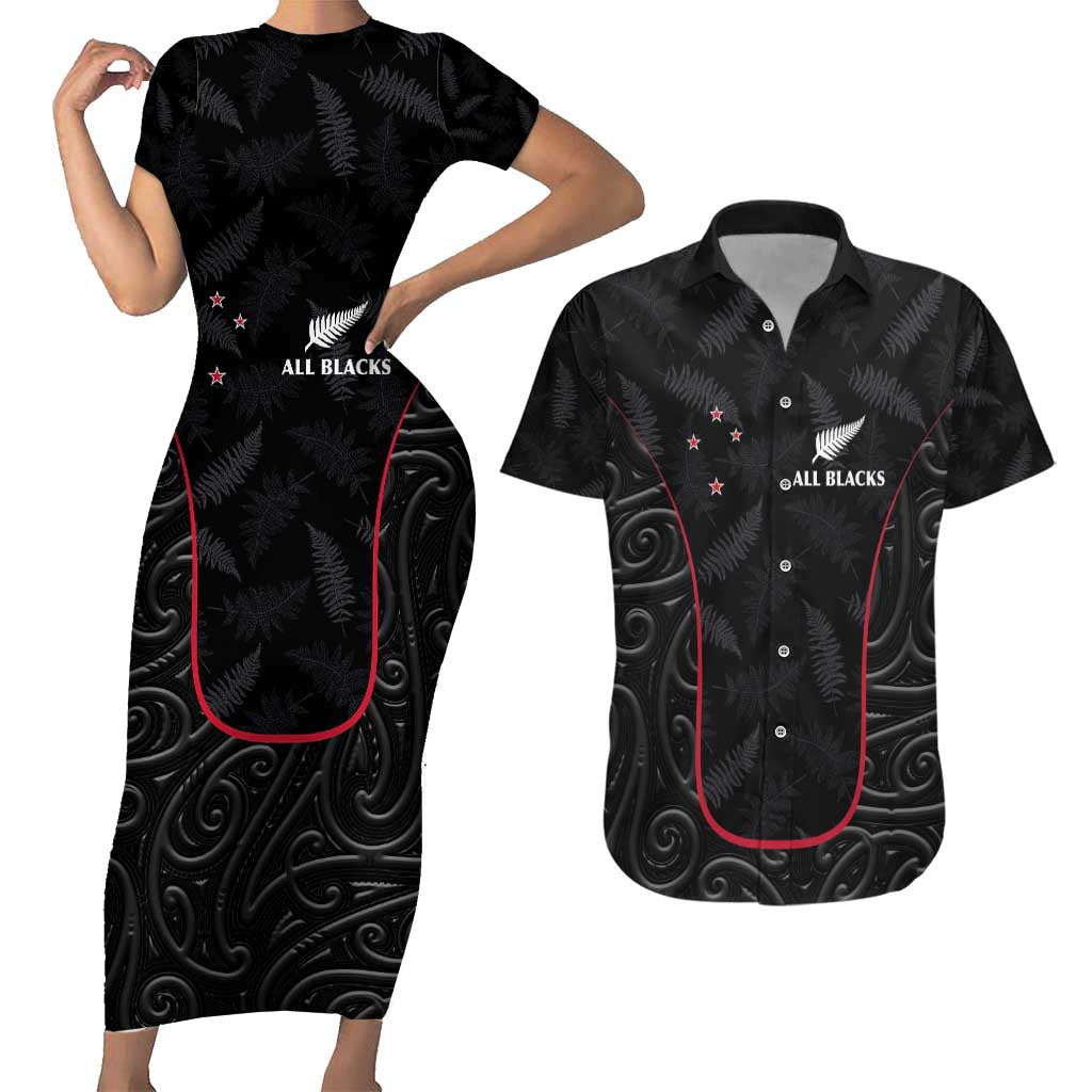 Custom New Zealand Rugby Couples Matching Short Sleeve Bodycon Dress and Hawaiian Shirt Maori All Black Championship 2024 and Silver Fern LT03 Black - Polynesian Pride