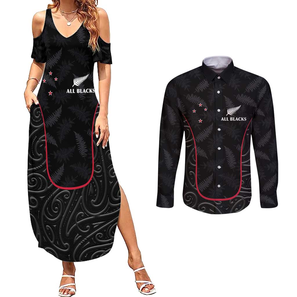 Custom New Zealand Rugby Couples Matching Summer Maxi Dress and Long Sleeve Button Shirt Maori All Black Championship 2024 and Silver Fern LT03 Black - Polynesian Pride