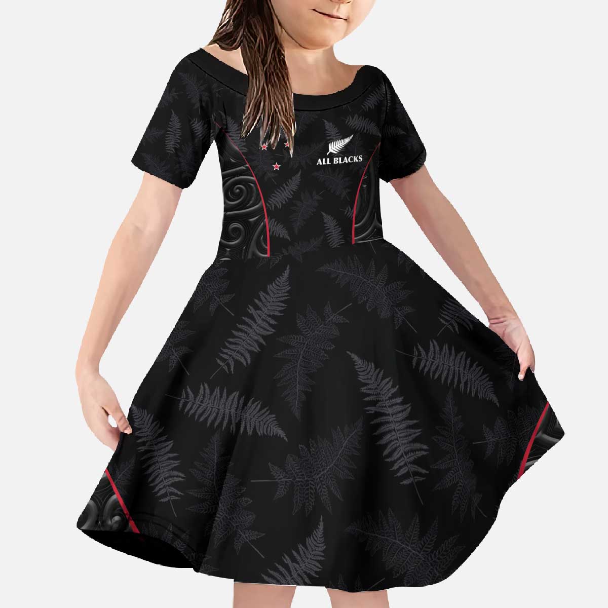 Custom New Zealand Rugby Family Matching Off The Shoulder Long Sleeve Dress and Hawaiian Shirt Maori All Black Championship 2024 and Silver Fern LT03 Daughter's Dress Black - Polynesian Pride