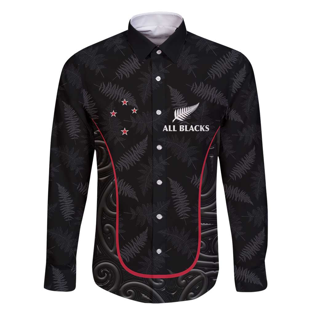 Custom New Zealand Rugby Family Matching Off Shoulder Maxi Dress and Hawaiian Shirt Maori All Black Championship 2024 and Silver Fern LT03 Dad's Shirt - Long Sleeve Black - Polynesian Pride