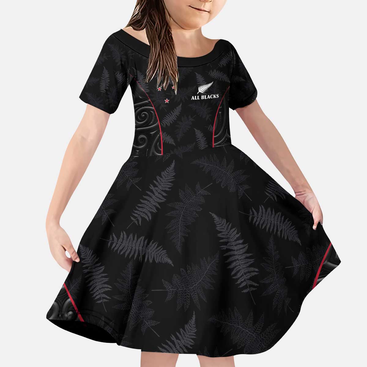 Custom New Zealand Rugby Family Matching Puletasi and Hawaiian Shirt Maori All Black Championship 2024 and Silver Fern LT03 Daughter's Dress Black - Polynesian Pride