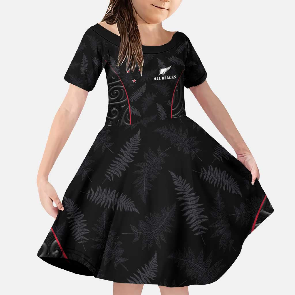 Custom New Zealand Rugby Family Matching Tank Maxi Dress and Hawaiian Shirt Maori All Black Championship 2024 and Silver Fern LT03 Daughter's Dress Black - Polynesian Pride