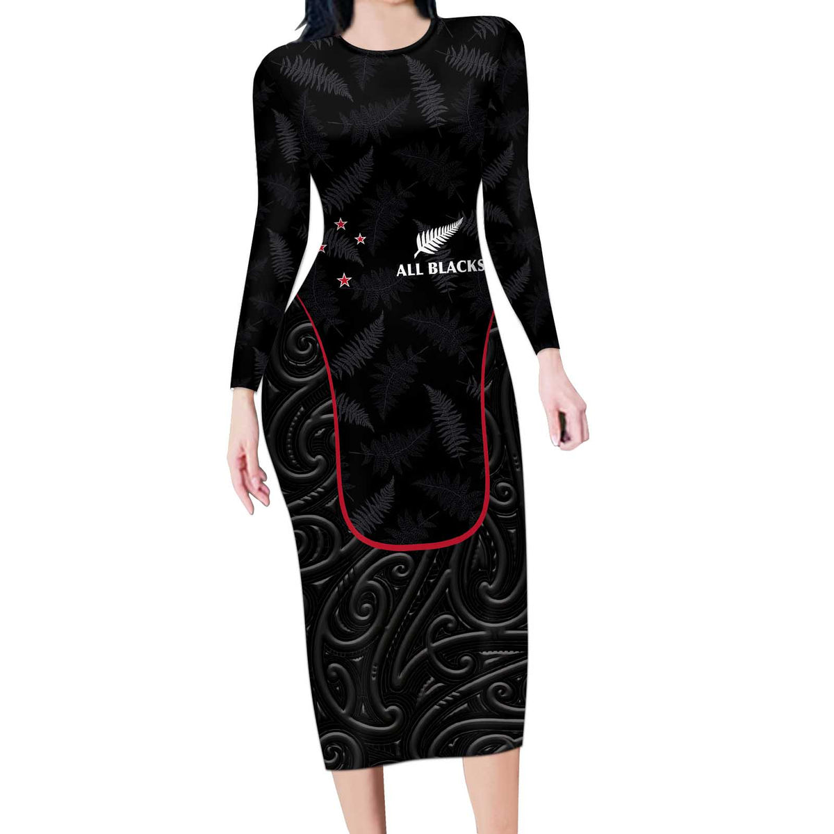 Custom New Zealand Rugby Long Sleeve Bodycon Dress Maori All Black Championship 2024 and Silver Fern LT03 Long Dress Black - Polynesian Pride