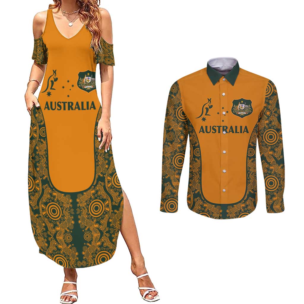 Custom Australia Rugby Championship 2024 Couples Matching Summer Maxi Dress and Long Sleeve Button Shirt Aboriginal Art Tattoo Pattern LT03 Yellow - Polynesian Pride