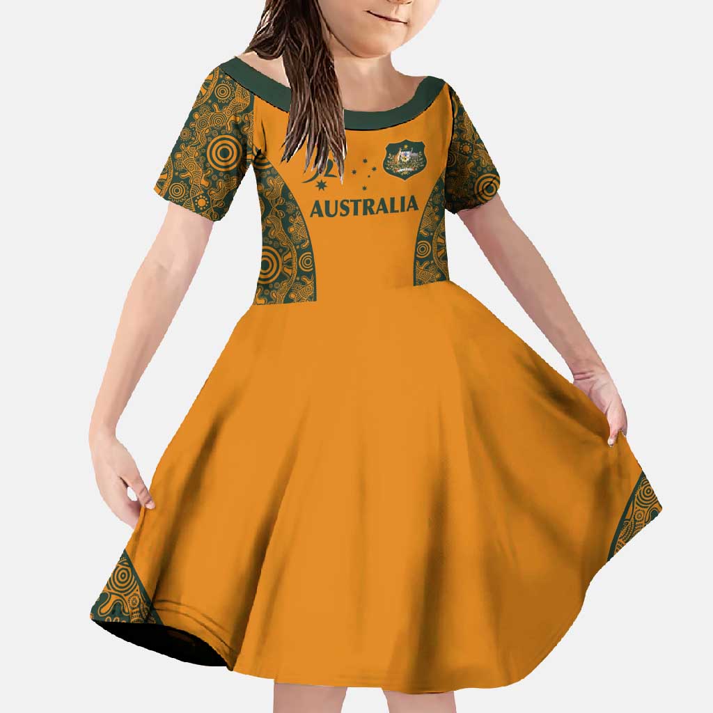 Custom Australia Rugby Championship 2024 Family Matching Long Sleeve Bodycon Dress and Hawaiian Shirt Aboriginal Art Tattoo Pattern LT03 Daughter's Dress Yellow - Polynesian Pride