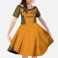 Custom Australia Rugby Championship 2024 Family Matching Long Sleeve Bodycon Dress and Hawaiian Shirt Aboriginal Art Tattoo Pattern LT03 Daughter's Dress Yellow - Polynesian Pride