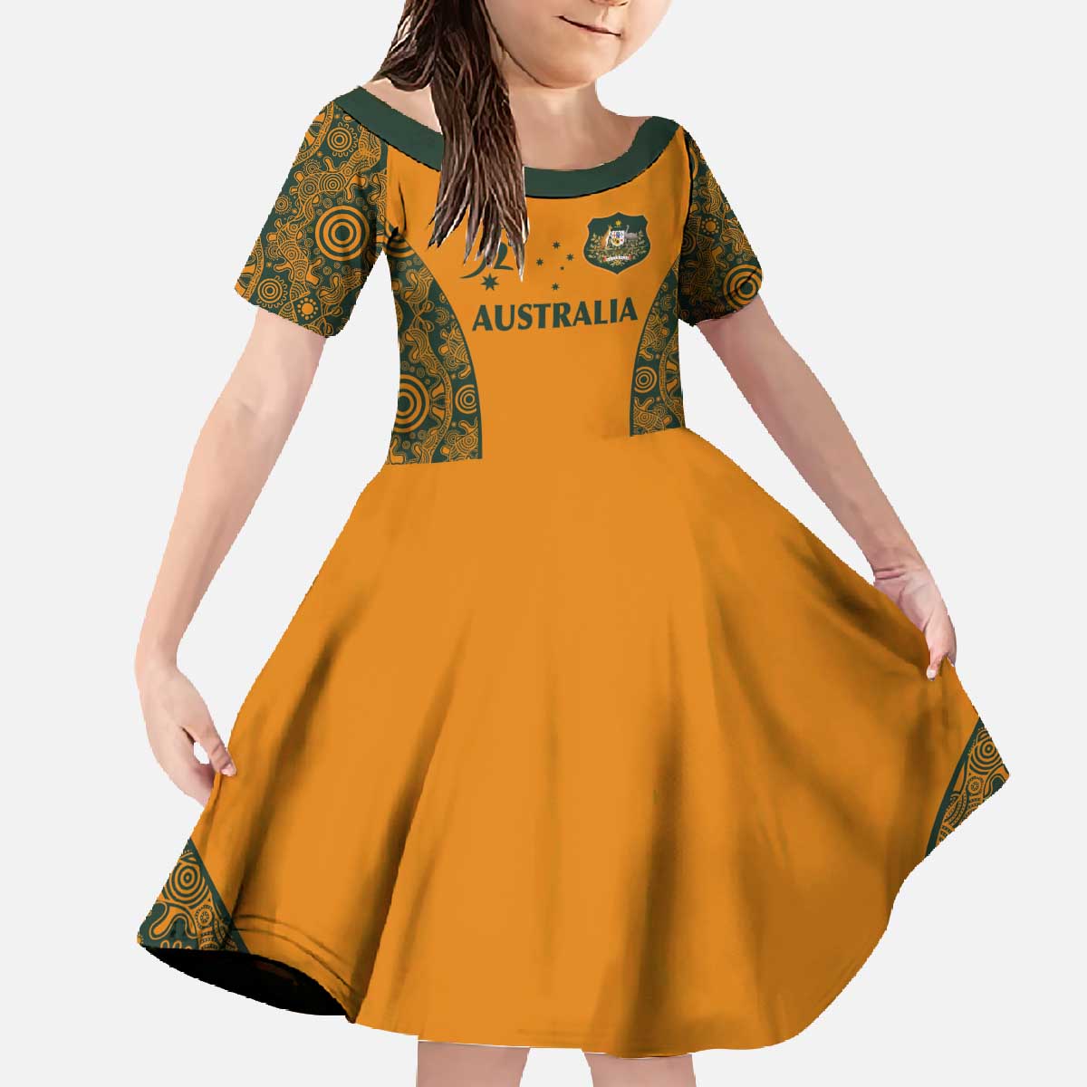 Custom Australia Rugby Championship 2024 Family Matching Off The Shoulder Long Sleeve Dress and Hawaiian Shirt Aboriginal Art Tattoo Pattern LT03 Daughter's Dress Yellow - Polynesian Pride