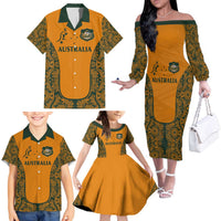 Custom Australia Rugby Championship 2024 Family Matching Off The Shoulder Long Sleeve Dress and Hawaiian Shirt Aboriginal Art Tattoo Pattern LT03 - Polynesian Pride