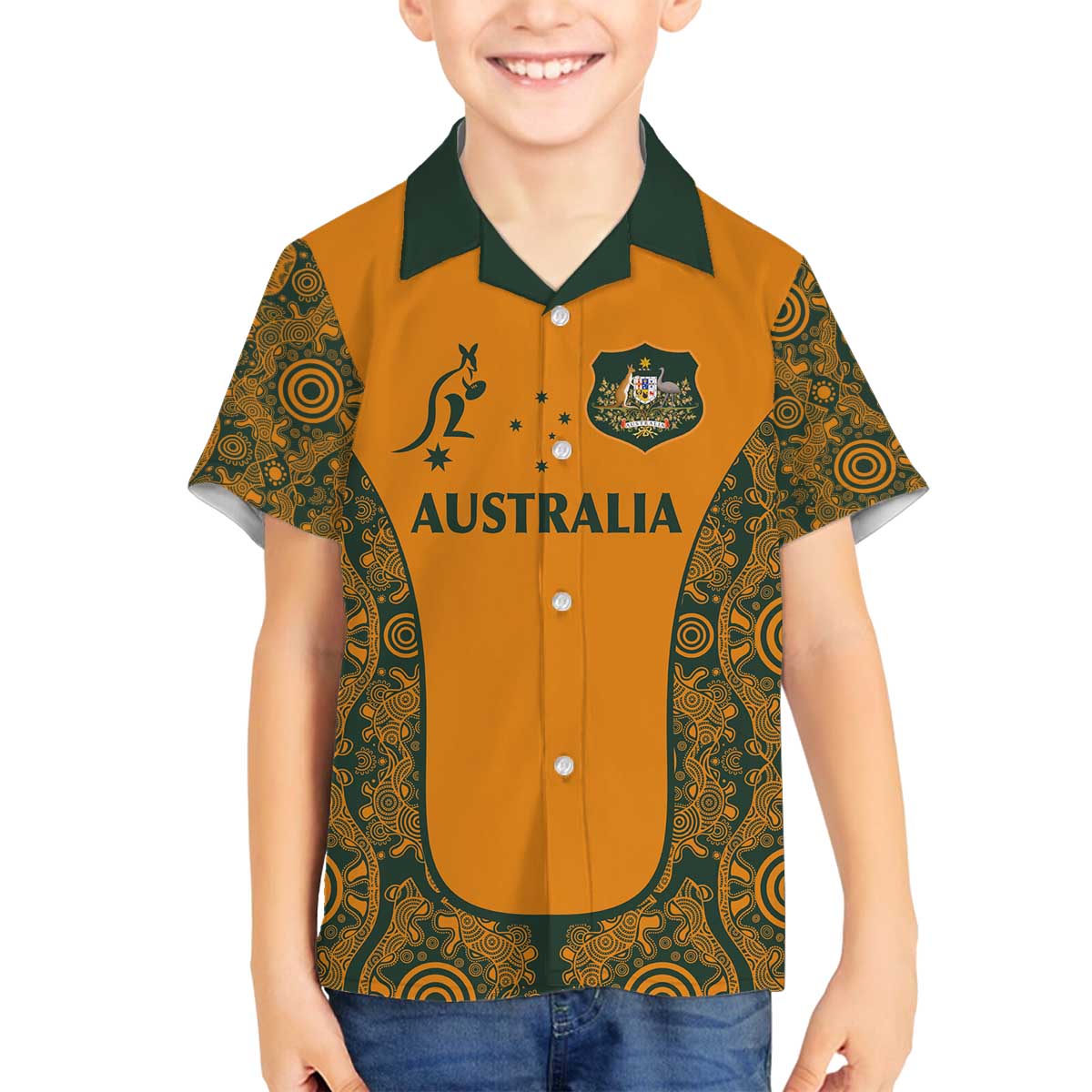 Custom Australia Rugby Championship 2024 Family Matching Off The Shoulder Long Sleeve Dress and Hawaiian Shirt Aboriginal Art Tattoo Pattern LT03 Son's Shirt Yellow - Polynesian Pride