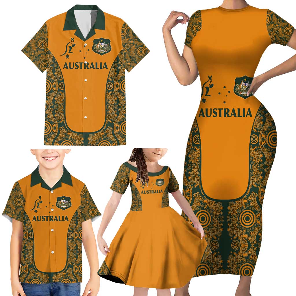 Custom Australia Rugby Championship 2024 Family Matching Short Sleeve Bodycon Dress and Hawaiian Shirt Aboriginal Art Tattoo Pattern LT03 - Polynesian Pride