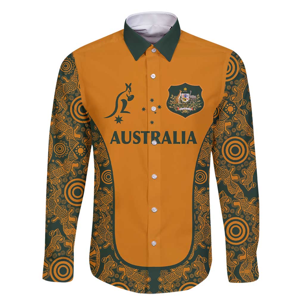 Custom Australia Rugby Championship 2024 Family Matching Short Sleeve Bodycon Dress and Hawaiian Shirt Aboriginal Art Tattoo Pattern LT03 Dad's Shirt - Long Sleeve Yellow - Polynesian Pride