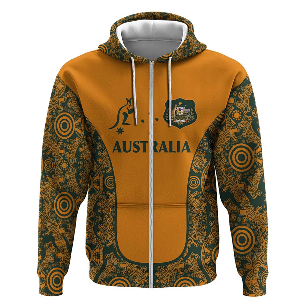 Custom Australia Rugby Championship 2024 Hoodie Aboriginal Art Tattoo Pattern LT03 Zip Hoodie Yellow - Polynesian Pride