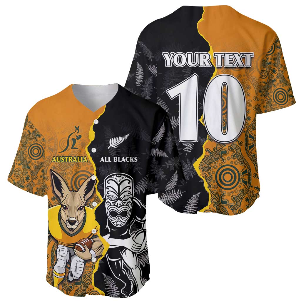 Custom New Zealand and Australia Rugby Championship 2024 Baseball Jersey Maori Warrior and Kangaroo Mascot with Fern Aboriginal LT03 - Polynesian Pride