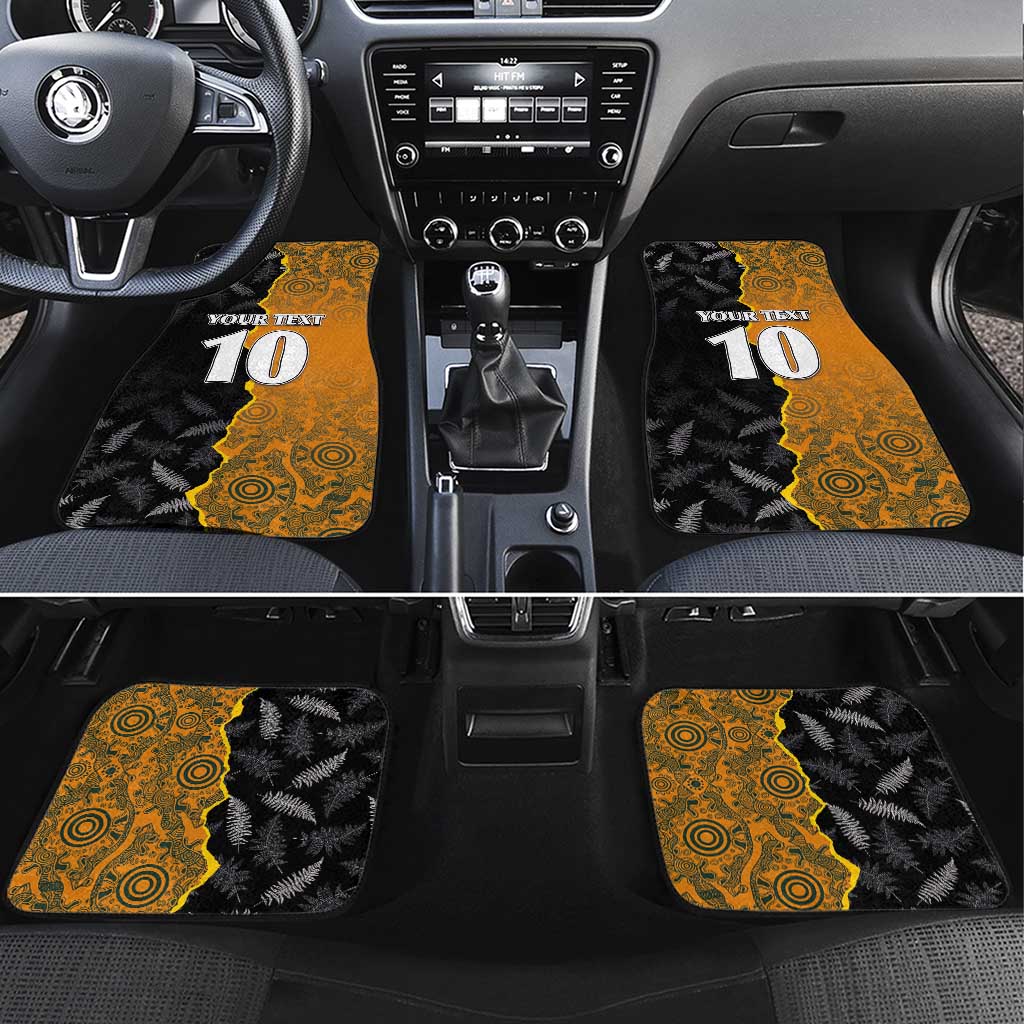 Custom New Zealand and Australia Rugby Championship 2024 Car Mats Maori Warrior and Kangaroo Mascot with Fern Aboriginal LT03 Set 4pcs Black - Polynesian Pride