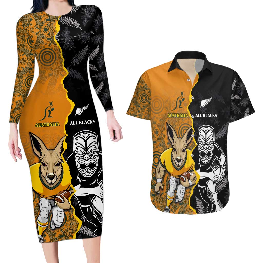 Custom New Zealand and Australia Rugby Championship 2024 Couples Matching Long Sleeve Bodycon Dress and Hawaiian Shirt Maori Warrior and Kangaroo Mascot with Fern Aboriginal LT03 Black - Polynesian Pride