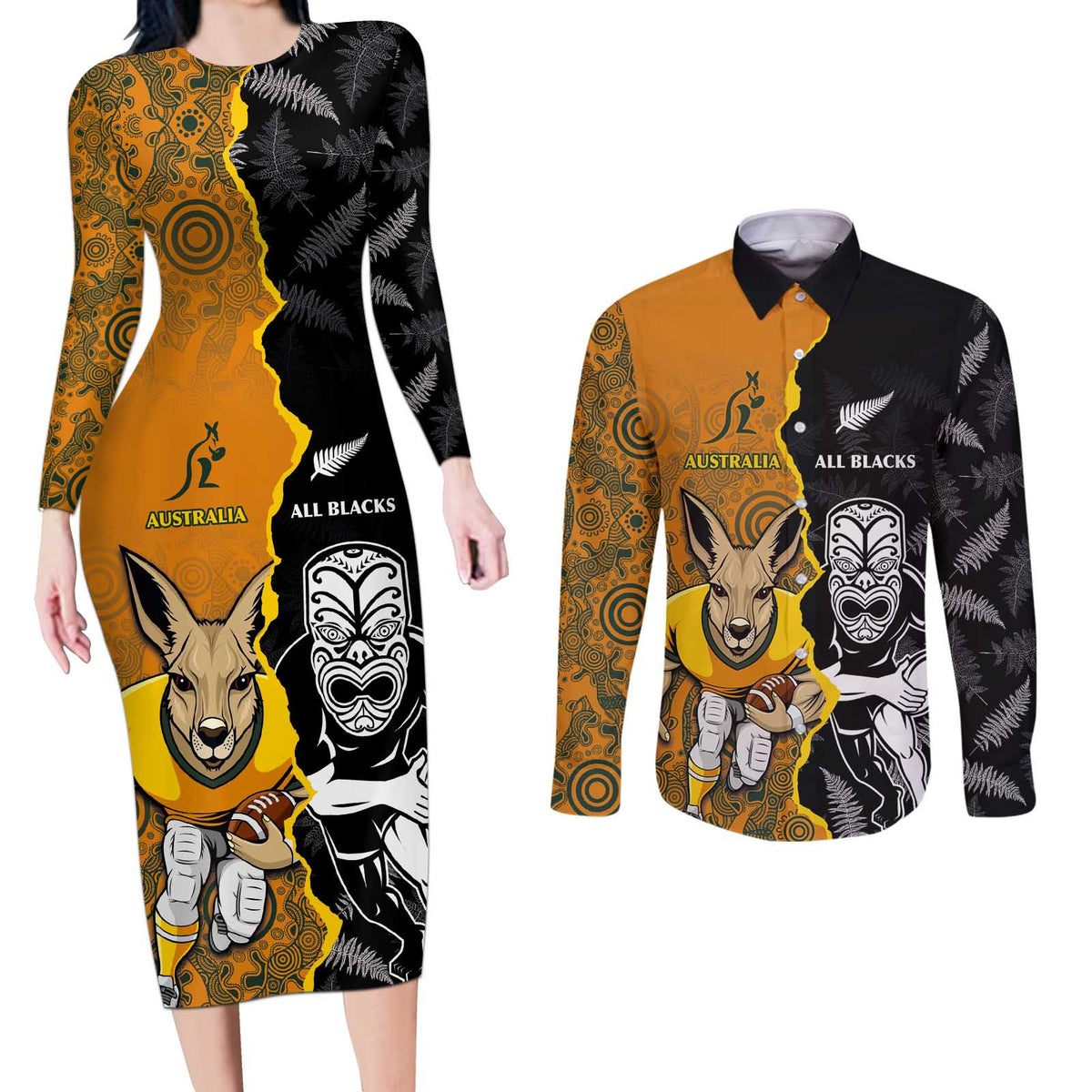 Custom New Zealand and Australia Rugby Championship 2024 Couples Matching Long Sleeve Bodycon Dress and Long Sleeve Button Shirt Maori Warrior and Kangaroo Mascot with Fern Aboriginal LT03 Black - Polynesian Pride