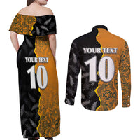 Custom New Zealand and Australia Rugby Championship 2024 Couples Matching Off Shoulder Maxi Dress and Long Sleeve Button Shirt Maori Warrior and Kangaroo Mascot with Fern Aboriginal LT03 - Polynesian Pride
