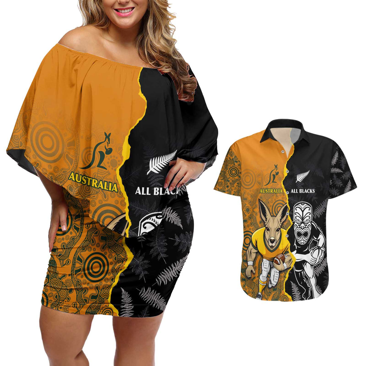 Custom New Zealand and Australia Rugby Championship 2024 Couples Matching Off Shoulder Short Dress and Hawaiian Shirt Maori Warrior and Kangaroo Mascot with Fern Aboriginal LT03 Black - Polynesian Pride