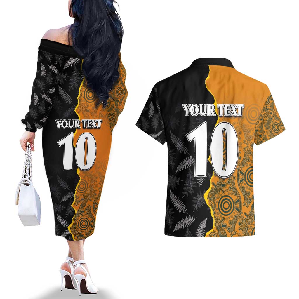 Custom New Zealand and Australia Rugby Championship 2024 Couples Matching Off The Shoulder Long Sleeve Dress and Hawaiian Shirt Maori Warrior and Kangaroo Mascot with Fern Aboriginal LT03 - Polynesian Pride