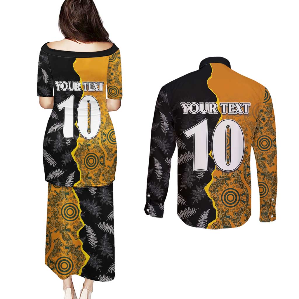 Custom New Zealand and Australia Rugby Championship 2024 Couples Matching Puletasi and Long Sleeve Button Shirt Maori Warrior and Kangaroo Mascot with Fern Aboriginal LT03 - Polynesian Pride