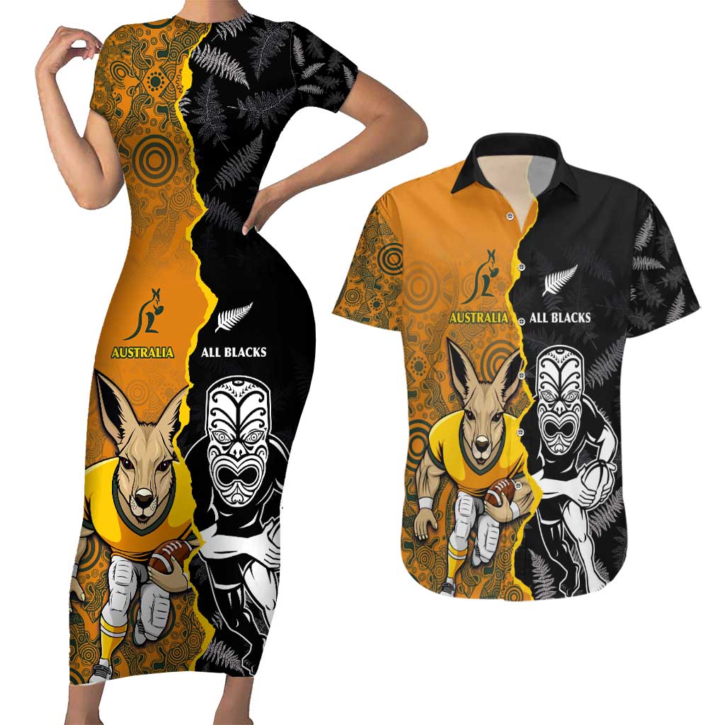 Custom New Zealand and Australia Rugby Championship 2024 Couples Matching Short Sleeve Bodycon Dress and Hawaiian Shirt Maori Warrior and Kangaroo Mascot with Fern Aboriginal LT03 Black - Polynesian Pride
