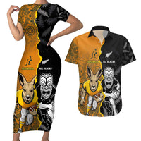 Custom New Zealand and Australia Rugby Championship 2024 Couples Matching Short Sleeve Bodycon Dress and Hawaiian Shirt Maori Warrior and Kangaroo Mascot with Fern Aboriginal LT03 Black - Polynesian Pride