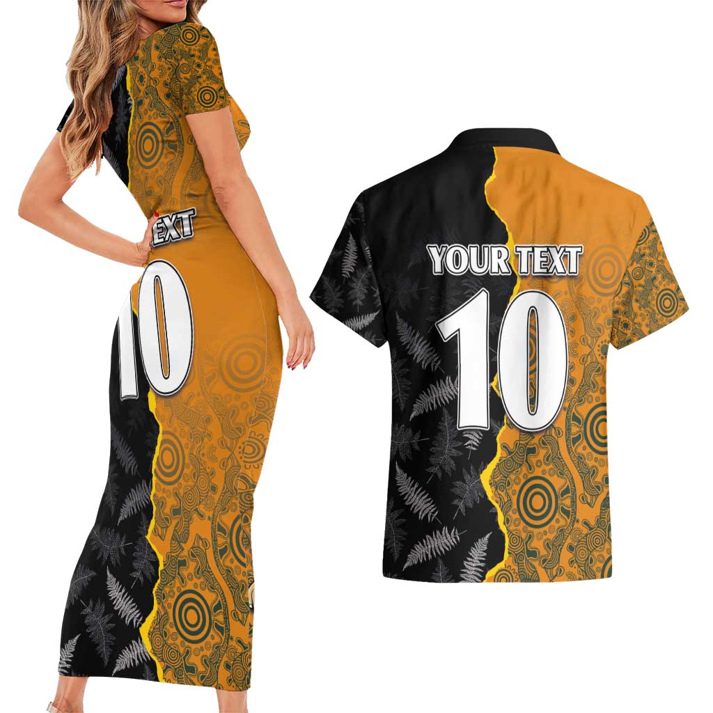 Custom New Zealand and Australia Rugby Championship 2024 Couples Matching Short Sleeve Bodycon Dress and Hawaiian Shirt Maori Warrior and Kangaroo Mascot with Fern Aboriginal LT03 - Polynesian Pride