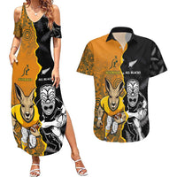 Custom New Zealand and Australia Rugby Championship 2024 Couples Matching Summer Maxi Dress and Hawaiian Shirt Maori Warrior and Kangaroo Mascot with Fern Aboriginal LT03 Black - Polynesian Pride