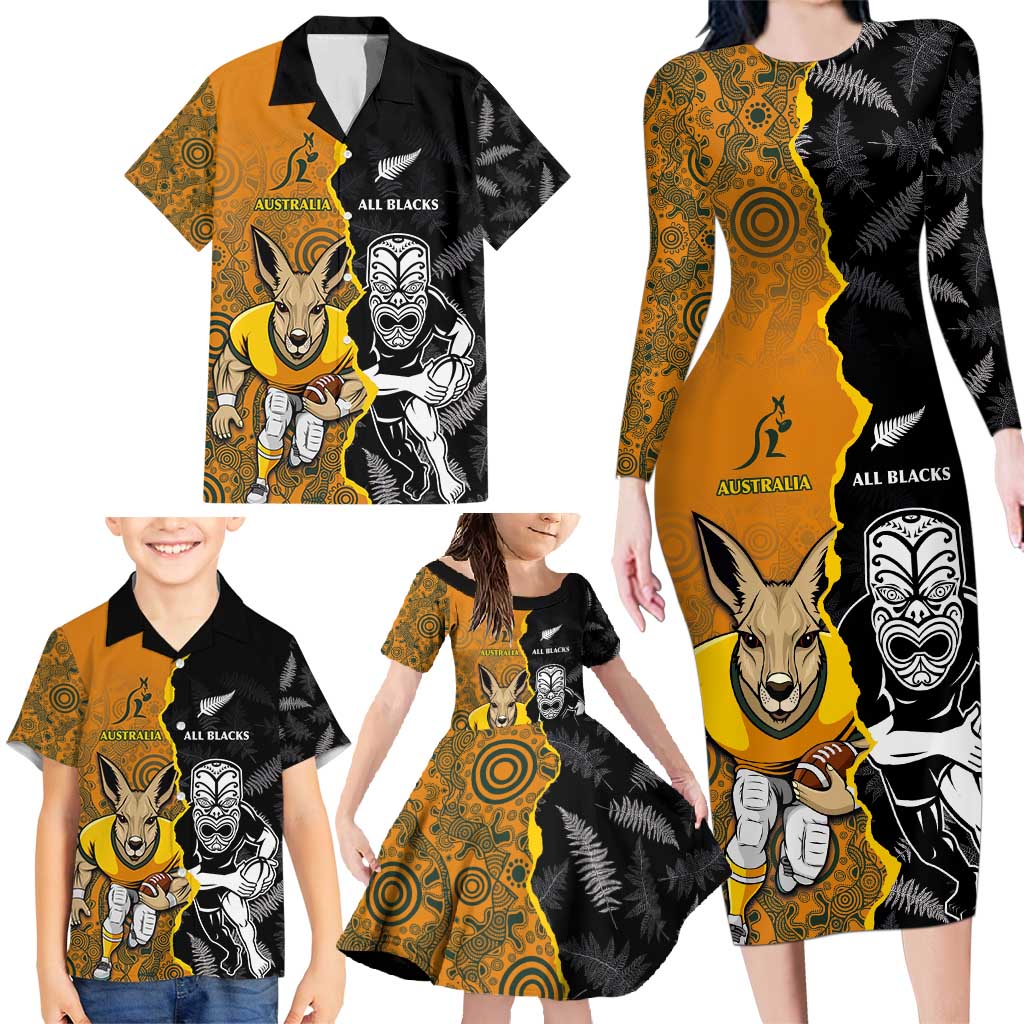 Custom New Zealand and Australia Rugby Championship 2024 Family Matching Long Sleeve Bodycon Dress and Hawaiian Shirt Maori Warrior and Kangaroo Mascot with Fern Aboriginal LT03 - Polynesian Pride