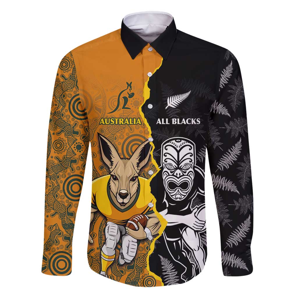 Custom New Zealand and Australia Rugby Championship 2024 Family Matching Long Sleeve Bodycon Dress and Hawaiian Shirt Maori Warrior and Kangaroo Mascot with Fern Aboriginal LT03 Dad's Shirt - Long Sleeve Black - Polynesian Pride