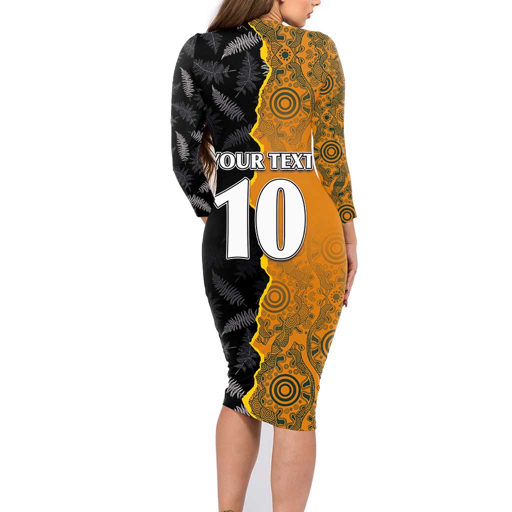 Custom New Zealand and Australia Rugby Championship 2024 Family Matching Long Sleeve Bodycon Dress and Hawaiian Shirt Maori Warrior and Kangaroo Mascot with Fern Aboriginal LT03 - Polynesian Pride