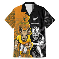 Custom New Zealand and Australia Rugby Championship 2024 Family Matching Mermaid Dress and Hawaiian Shirt Maori Warrior and Kangaroo Mascot with Fern Aboriginal LT03 Dad's Shirt - Short Sleeve Black - Polynesian Pride