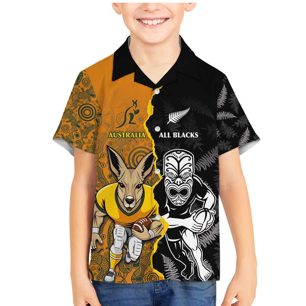 Custom New Zealand and Australia Rugby Championship 2024 Family Matching Mermaid Dress and Hawaiian Shirt Maori Warrior and Kangaroo Mascot with Fern Aboriginal LT03 Son's Shirt Black - Polynesian Pride