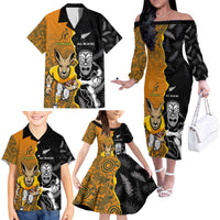 Custom New Zealand and Australia Rugby Championship 2024 Family Matching Off The Shoulder Long Sleeve Dress and Hawaiian Shirt Maori Warrior and Kangaroo Mascot with Fern Aboriginal LT03 - Polynesian Pride