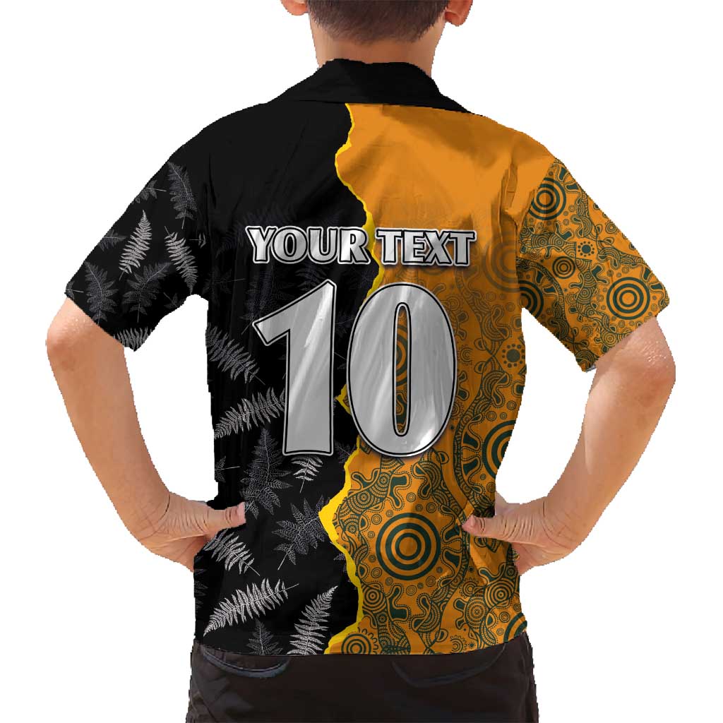 Custom New Zealand and Australia Rugby Championship 2024 Family Matching Off Shoulder Maxi Dress and Hawaiian Shirt Maori Warrior and Kangaroo Mascot with Fern Aboriginal LT03 - Polynesian Pride