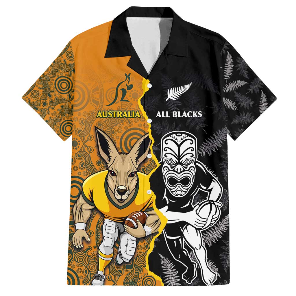 Custom New Zealand and Australia Rugby Championship 2024 Family Matching Off Shoulder Maxi Dress and Hawaiian Shirt Maori Warrior and Kangaroo Mascot with Fern Aboriginal LT03 Dad's Shirt - Short Sleeve Black - Polynesian Pride