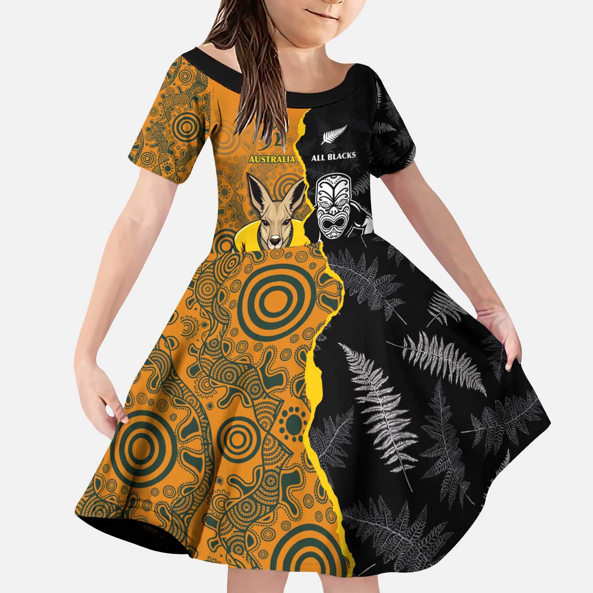 Custom New Zealand and Australia Rugby Championship 2024 Family Matching Puletasi and Hawaiian Shirt Maori Warrior and Kangaroo Mascot with Fern Aboriginal LT03 Daughter's Dress Black - Polynesian Pride