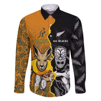 Custom New Zealand and Australia Rugby Championship 2024 Family Matching Puletasi and Hawaiian Shirt Maori Warrior and Kangaroo Mascot with Fern Aboriginal LT03 Dad's Shirt - Long Sleeve Black - Polynesian Pride